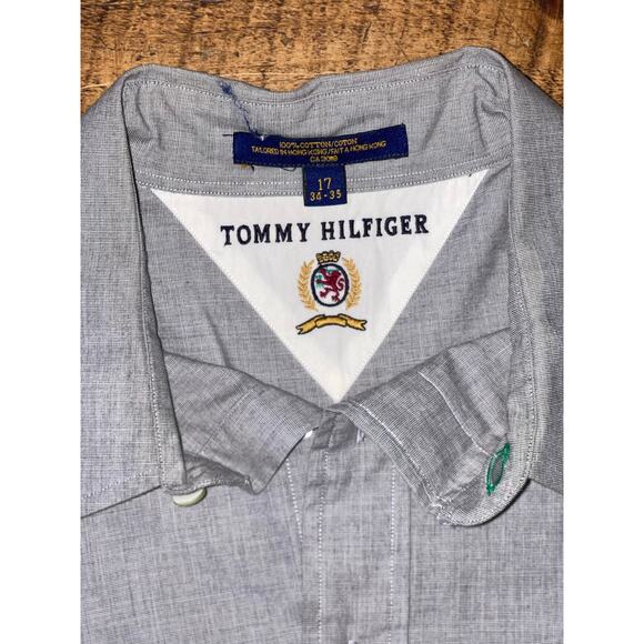 Mens Tommy Hilfiger Gray Blue Long Sleeve Button Down Dress Shirt Size 17 34-35 - Picture 2 of 6